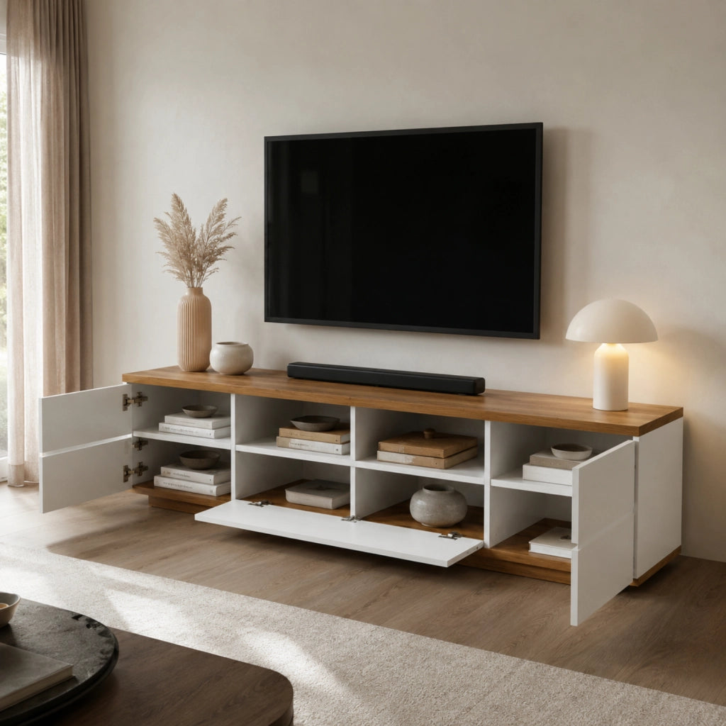 Mobile TV Con 4 Ante Anta A Ribalta 2 Vani A Giorno Passacavi In MDF Resistente Mobile Basso Per Soggiorno Living Salotto Moderno E Organizzato 180 x 38 x 46 Cm Bianco E Rovere