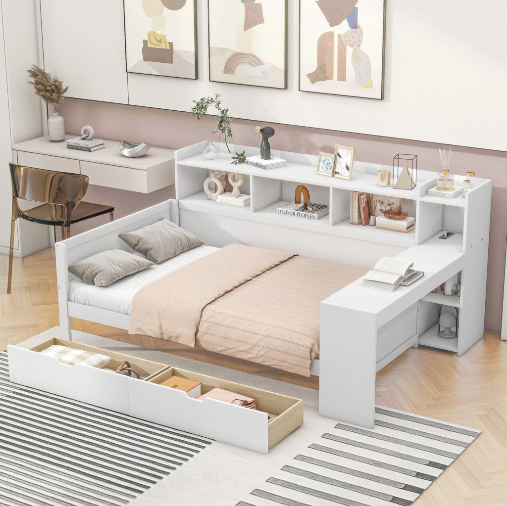 Letto singolo 90x200 cm con scrivania, USB e 2 cassetti