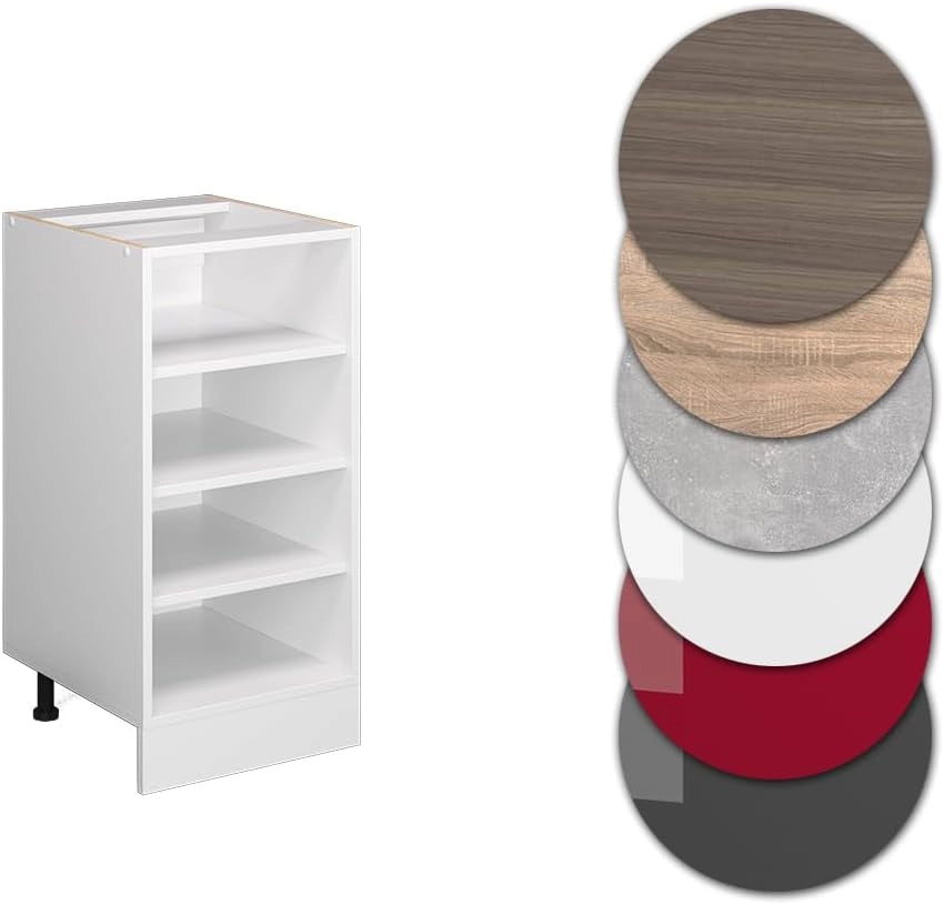 Base a ripiani R-Line, Bianco, 40 cm con ripiani aperti, senza piano di lavoro, per conservazione laterale e accesso rapido