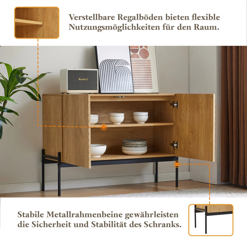 Credenza con 2 ante e ripiano regolabile; gambe in metallo - per soggiorno - 100x40x75 cm - naturale