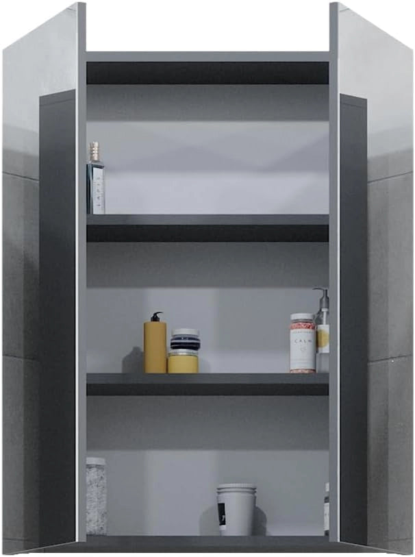 Specchio contenitore bagno Fredd, Antracite lucido, 60 x 77 cm, a parete con due ripiani interni regolabili