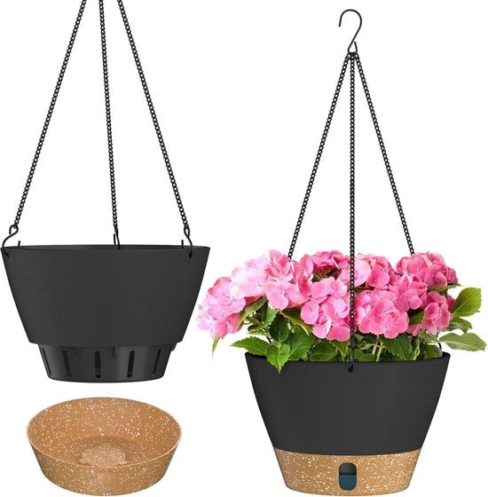 Pianta in Sospensione 20 cm - Ornamenti per Giardino - Vasi per Fiori - Livello dell'Acqua Visibile - Fessure di Drenaggio - Piatto Rimovibile - Pianta Interna e Esterna - Grigio Scuro - Set da 2