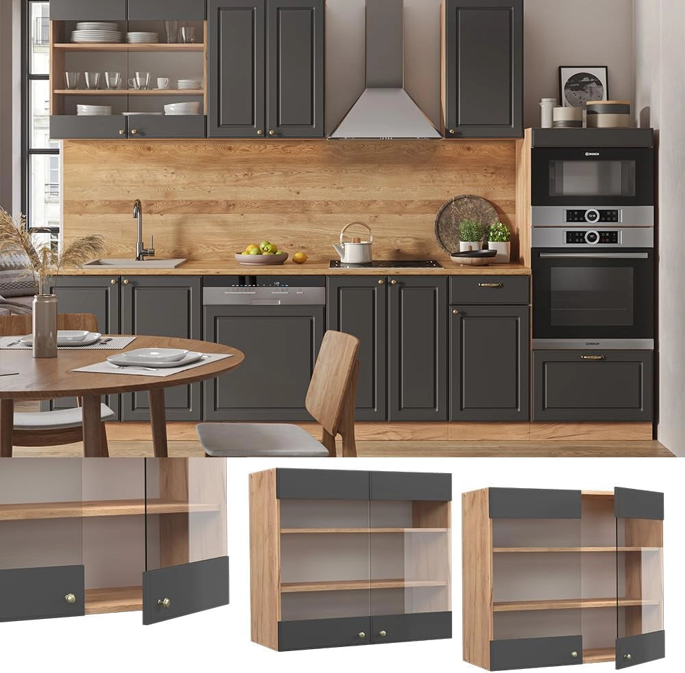 Mobile da cucina in vetro Fame-Line, Antracite-oro, 80 cm, per la combinazione con altri moduli della serie Fame-Line