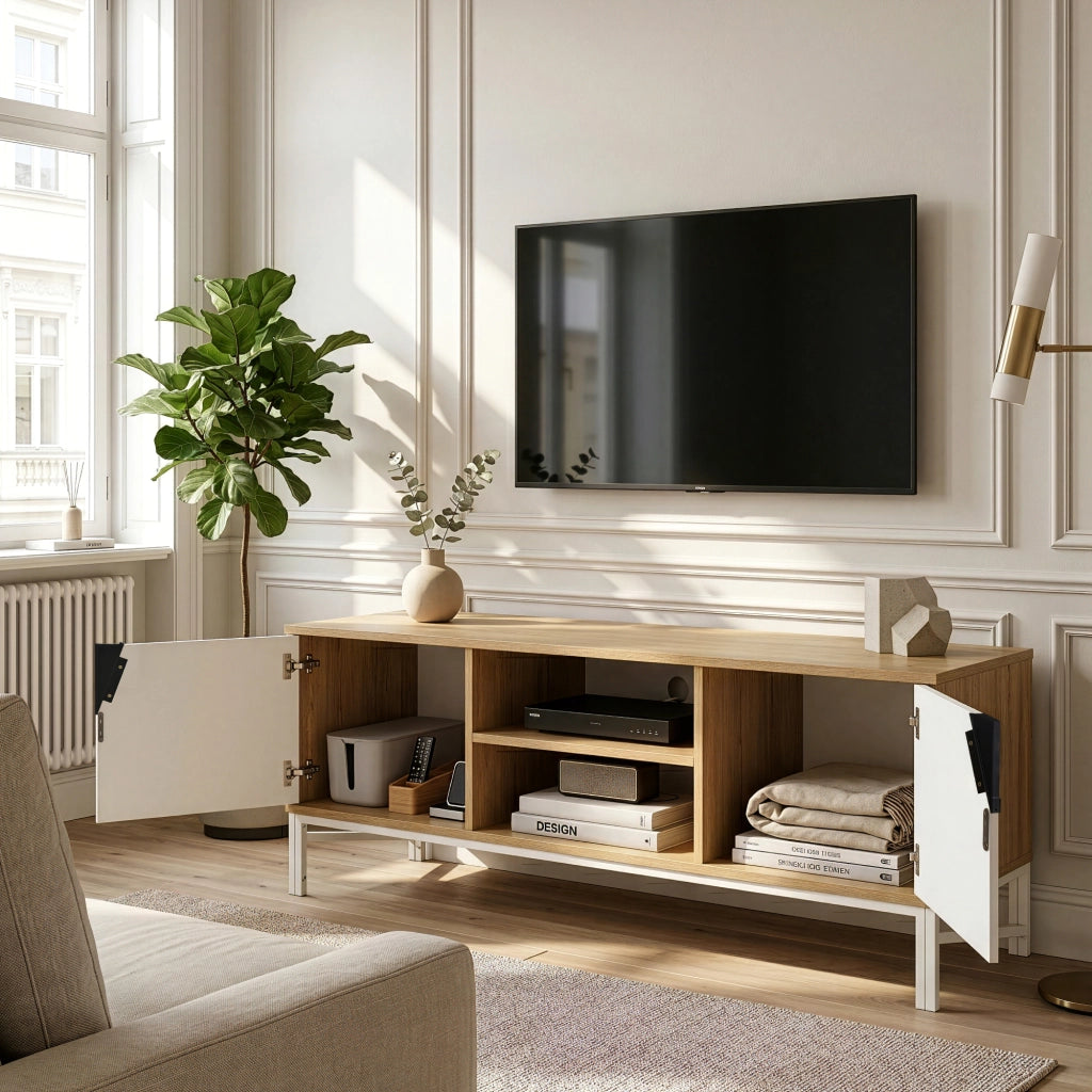 Mobile Porta TV Kerrköndam a 2 Ante 120 x 40 x 46 cm - Effetto Rovere / Bianco [en.casa]