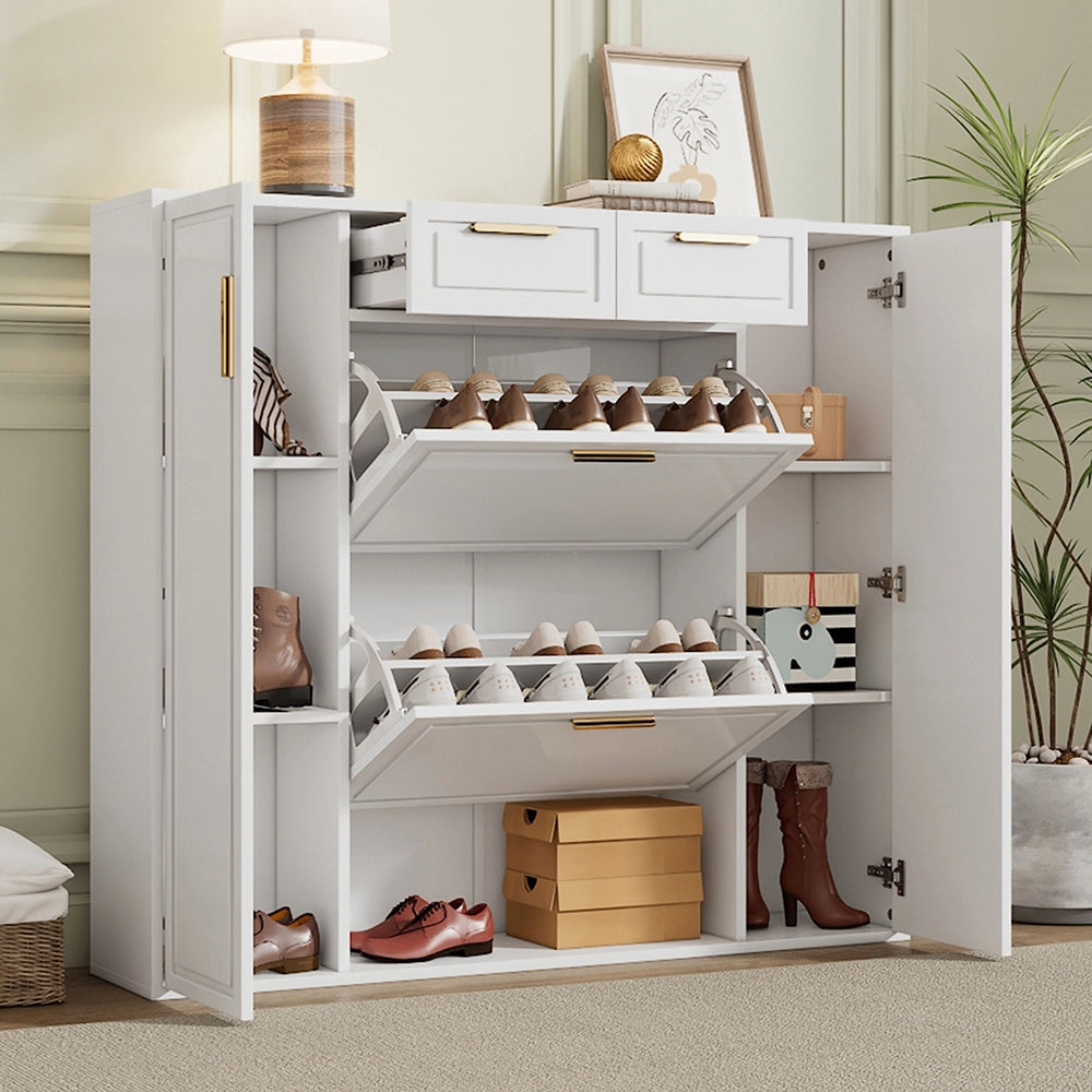 Scarpiere moderno - Xylo - L120/P24/H107 CM - Bianco - Ripiani regolabili, maniglie dorate, 2 cassetti