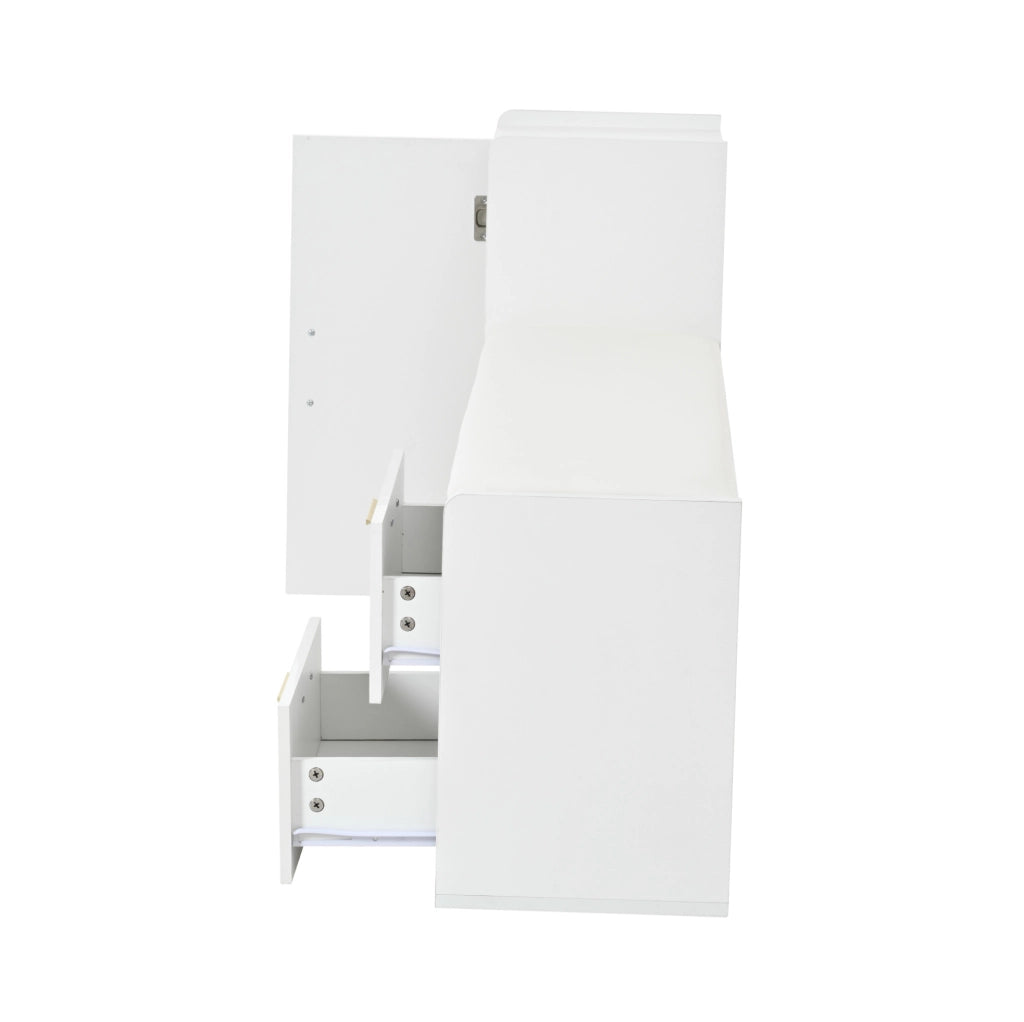 Scarpiera 128x30x68 cm con 2 cassetti; 1 anta e seduta imbottita in truciolato bianco