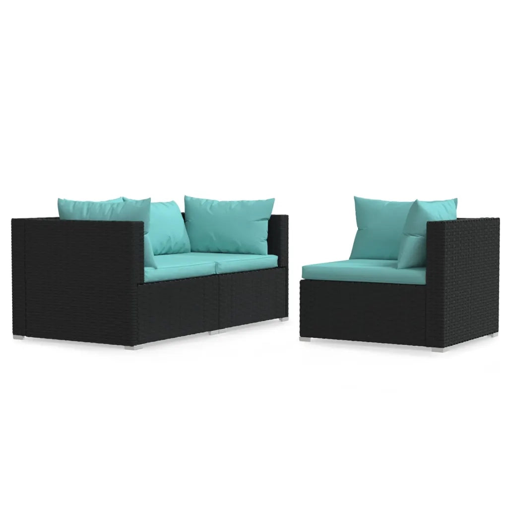 Set Divani da Giardino 3 pz | Set Salotto da Giardino con Cuscini Nero in Polyrattan