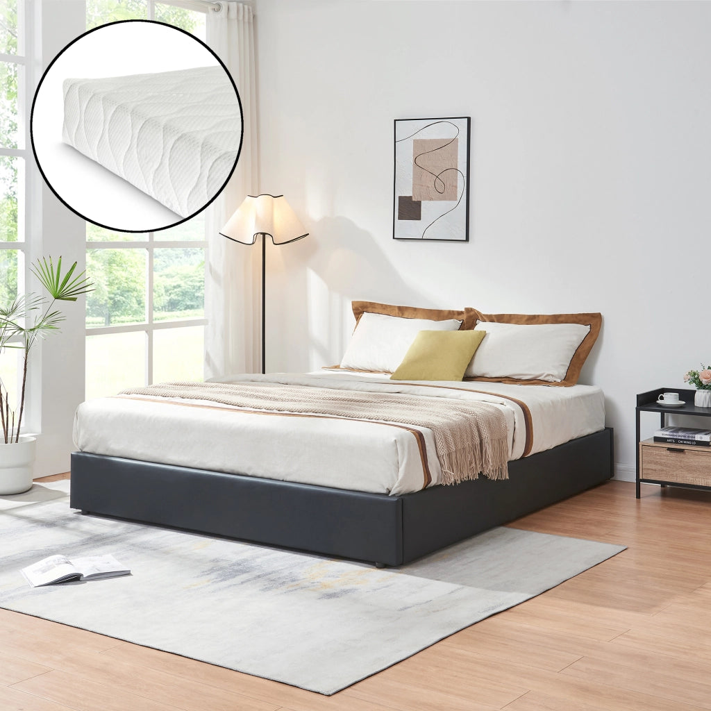 Letto Matrimoniale Contenitore Nola 180x200 cm con Materasso Apertura a Ribalta Rivestito in Similpelle - Nero [en.casa]