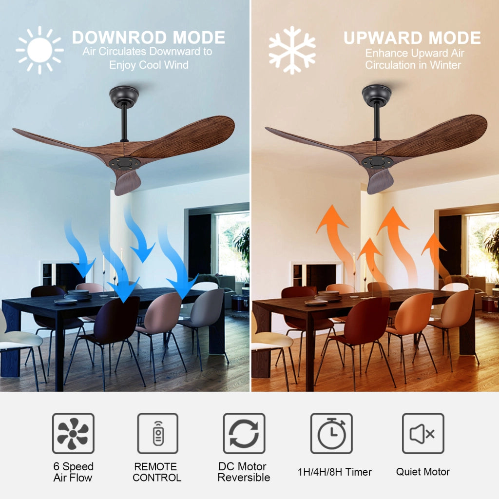 Ventilatore da soffitto senza luce con telecomando, 6 velocità, ABS nero e noce scuro, per interni ed esterni