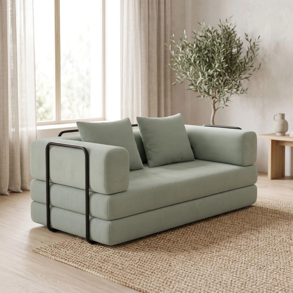 Sey - Divano Letto Pieghevole 180x72x90 cm Convertibile 4 in 1 con Cuscini Rivestimento Lavabile in Tessuto Salvia