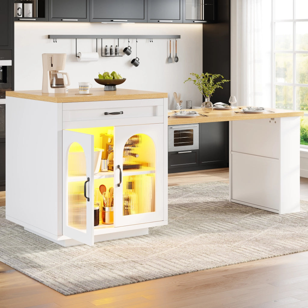 Isola Cucina Allungabile con LED ¨C MINIMAL ¨C MDF, Vetro, 2 Cassetti
