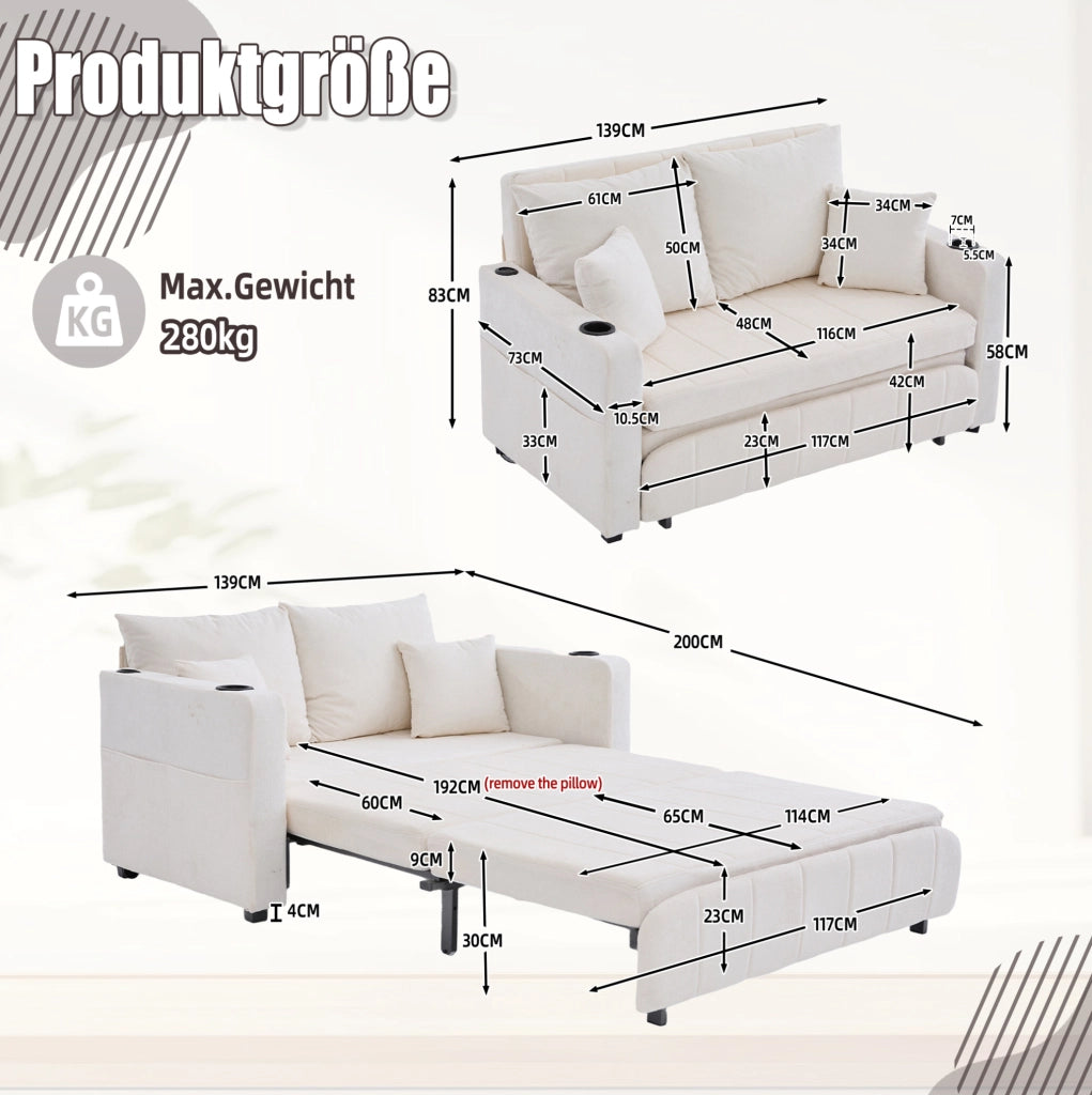Divano letto multifunzione in ciniglia beige; convertibile; 139x83x58 cm