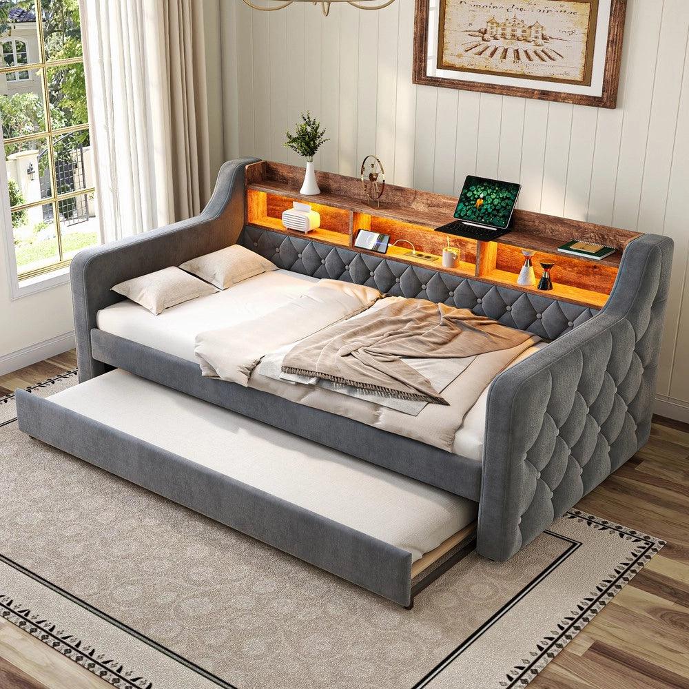 Letto Singolo Contenitore Imbottito in Velluto con LED e USB ¨C MINIMAL ¨C Grigio 90x190
