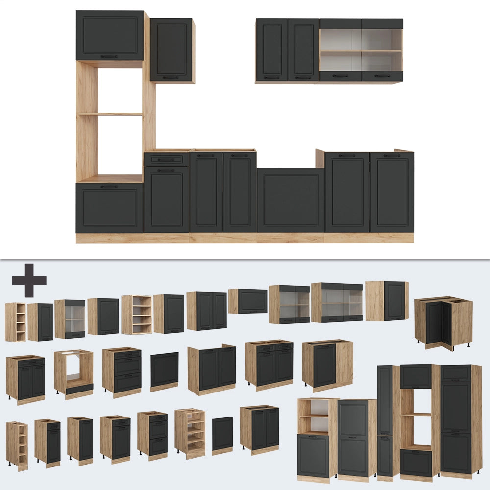 Vicco Cucina componibile Antracite casa di campagna/rovere dorato 300 cm con armadio alto, PL Marmo