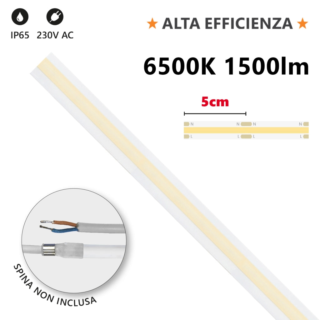 Alcapower Striscia LED 20m 230V IP65 15W/m 1500lm/m 6500K Serie HEM Milky Alta Luminosità per Esterni ed Interni, Elevata Efficienza Energetica
