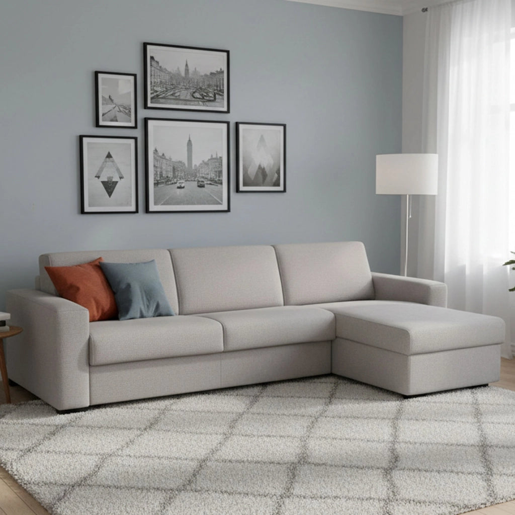 Divano Letto Aika, Divano ad angolo, Made in Italy, SofÒ  con apertura girevole, con Penisola contenitore reversibile, con Braccioli standard, cm 280x95h90, Grigio