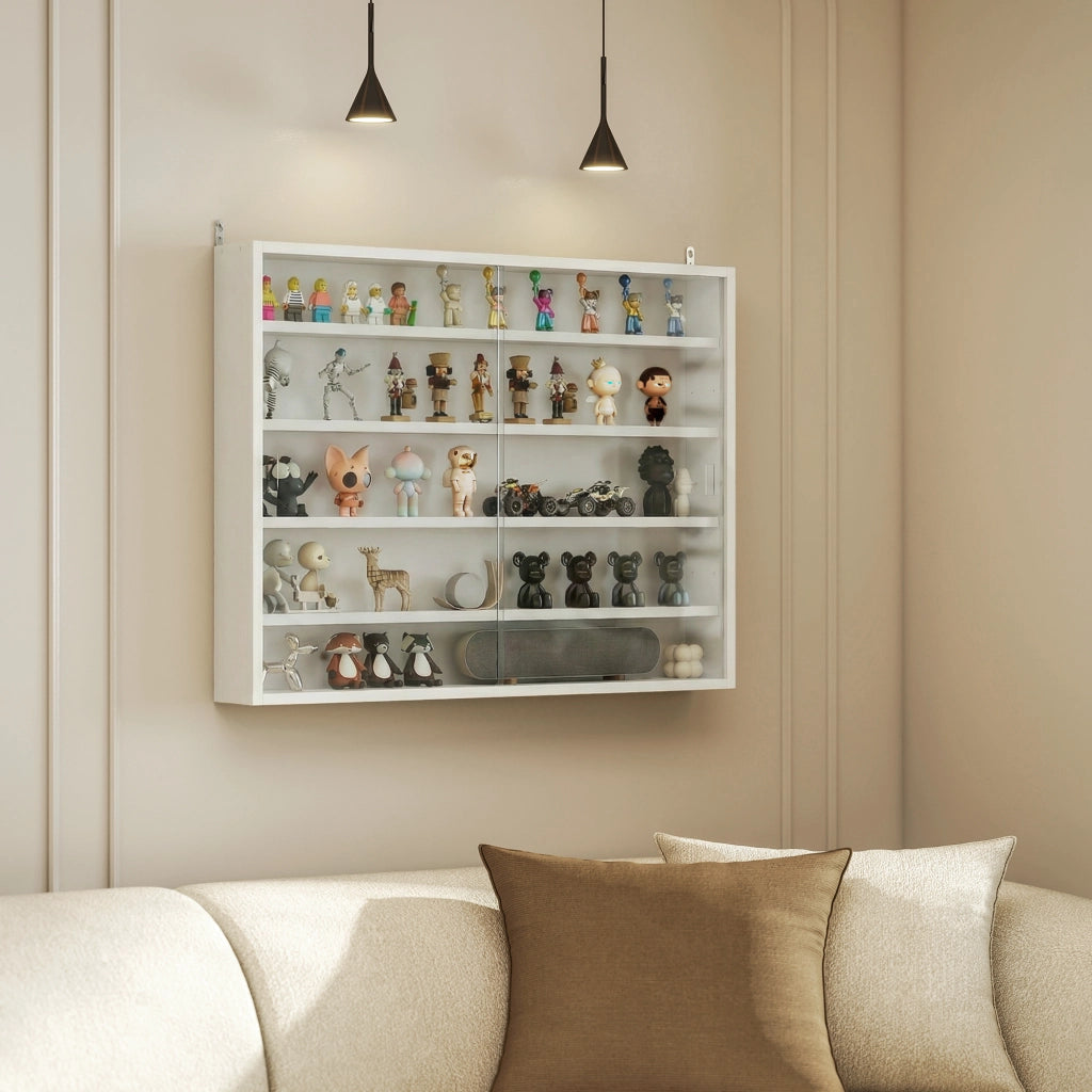 Libreria a Parete con Ripiani Aggiustabili e 2 Ante Scorrevoli di Vetro ¨C Zephmum ¨C Bianco 80x9.5x60 cm