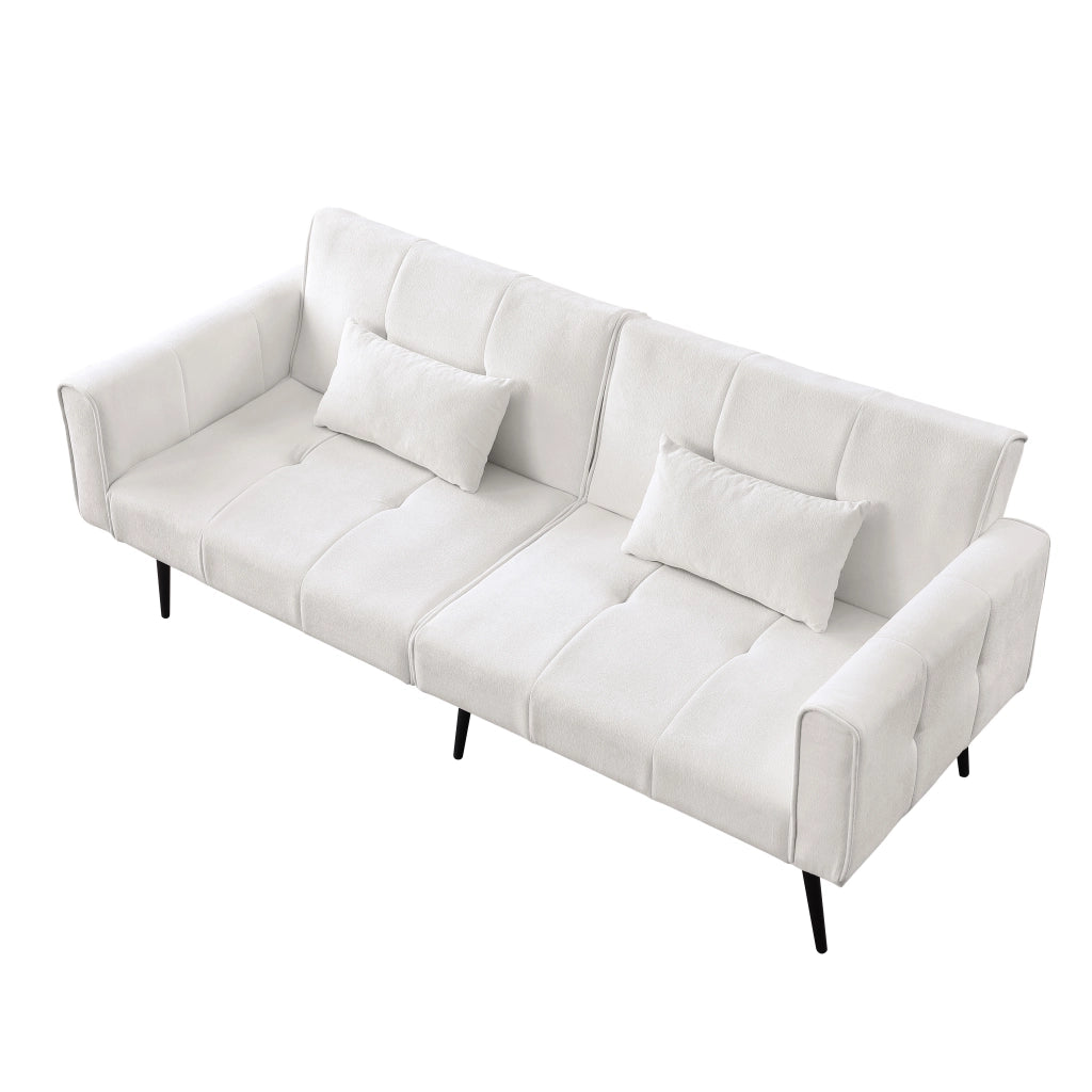 Divano letto futon convertibile con struttura in legno e piedini in metallo per salotto in tessuto a coste beige