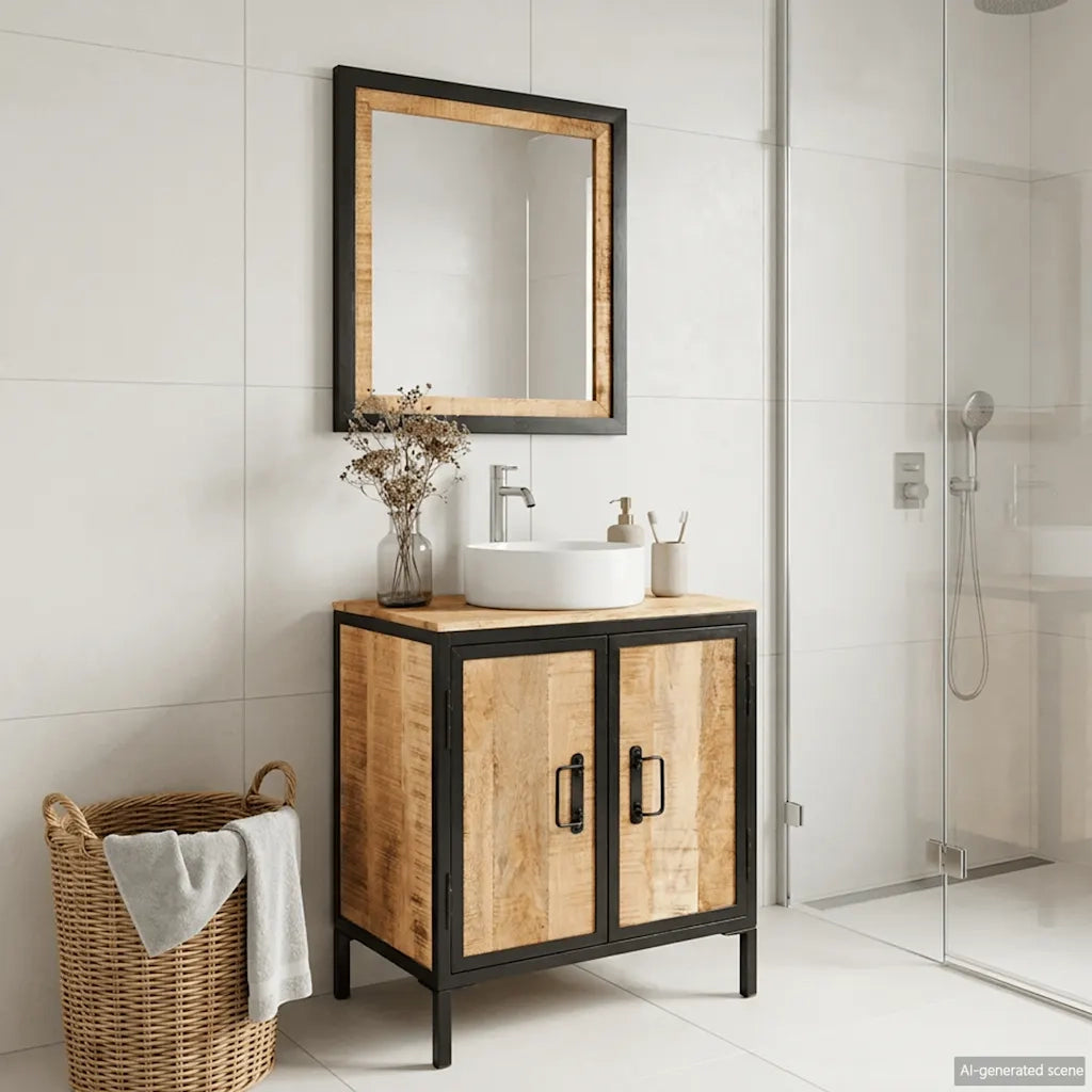 Set Mobili da Bagno 2pz in Ferro e Legno Massello di Mango 3217114