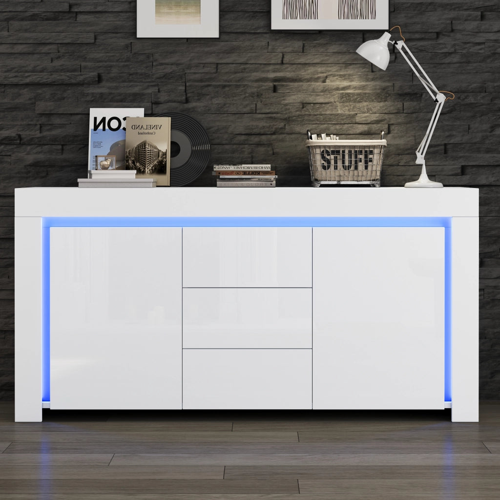 Credenza con 2 ante e 3 cassetti; LED; per soggiorno; in MDF; 140×40×65 cm; bianco