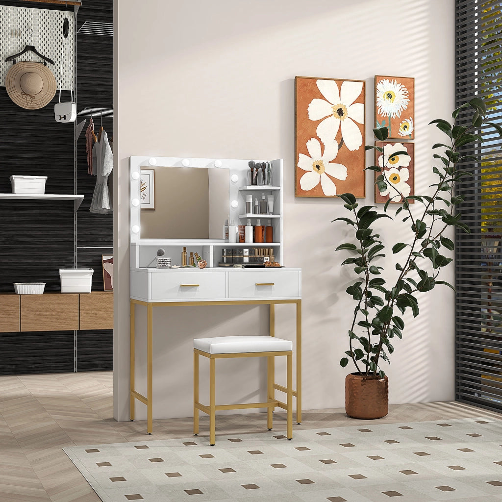 Mobile da Bagno con Specchio, 2 Cassetti e Sgabello ¨C zephmum ¨C Bianco, MDF e Truciolato, 80x40x138 cm