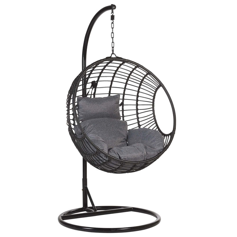 Sedia sospesa poltrona pensile Cestino di vimini rotondo in rattan Nero con cuscini Struttura in metallo Boho