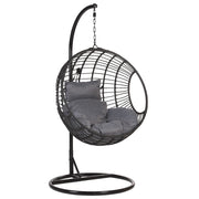 Sedia sospesa poltrona pensile Cestino di vimini rotondo in rattan Nero con cuscini Struttura in metallo Boho