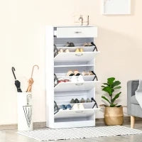 Mobile Portascarpe con 3 Ante Ribaltabili e Cassetto Scorrevole, Maniglie in Alluminio, Pannello di Particelle, 62L x 24P x 135A cm, Bianco