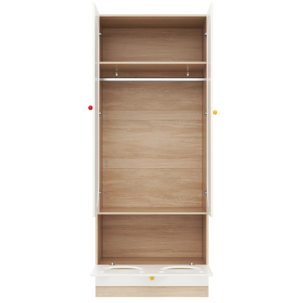 Armadio per bambini a due ante con asta appendiabiti e cassetti, 80 × 50 × 200 cm, bianco e legno naturale