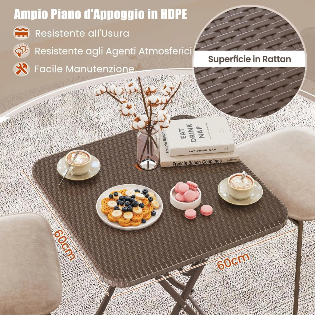 Tavolino Pieghevole Quadrato 60 cm, Tavolo da Pranzo per Interni ed Esterni con Piano in Rattan, Maniglia per Trasporto, Tavolo da Picnic per 4 Persone, Portata 50 kg