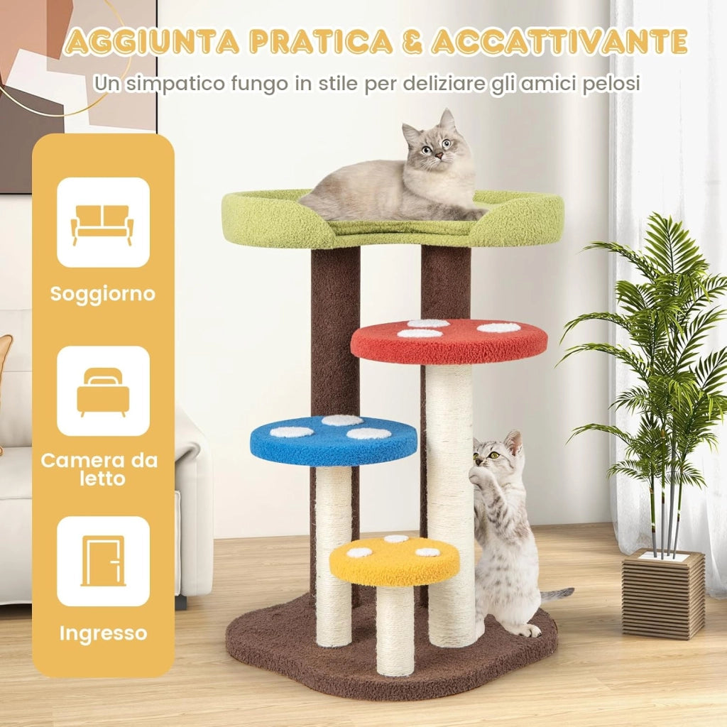 Albero per Gatti 3 in 1, Torre per Gatti a 5 Livelli con 3 Pali in Sisal, Tappetino e Piattaforme Rimovibili, Centro Attività per Gattini a Fungo
