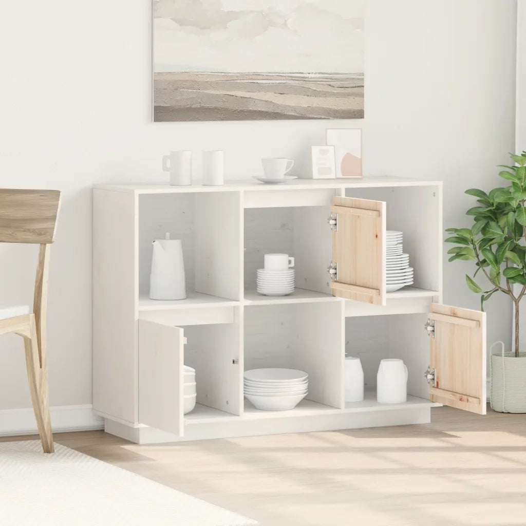 Credenza Bianca 110,5x35x80 cm in Legno Massello di Pino 814355