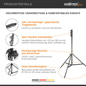 AIR 355 Stativo per luci regolabile in altezza fino a 355 cm, max 8 kg, Cavalletto fotografico in alluminio per foto e video