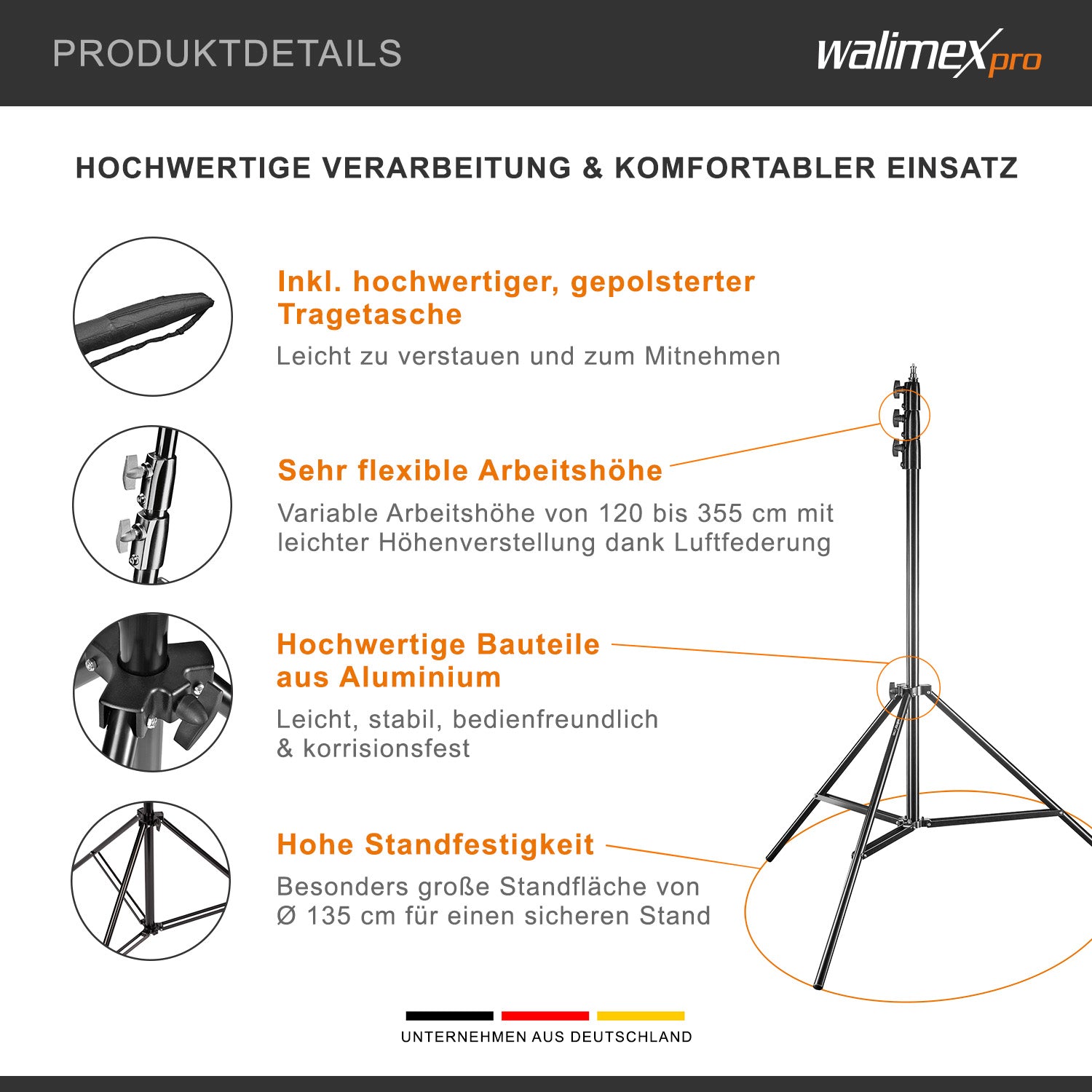 AIR 355 Stativo per luci regolabile in altezza fino a 355 cm, max 8 kg, Cavalletto fotografico in alluminio per foto e video
