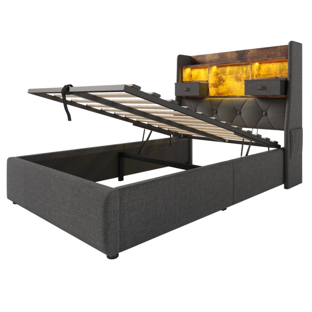 Letto imbottito 90x200 cm con contenitore idraulico, testiera LED e 4 porte di ricarica, grigio