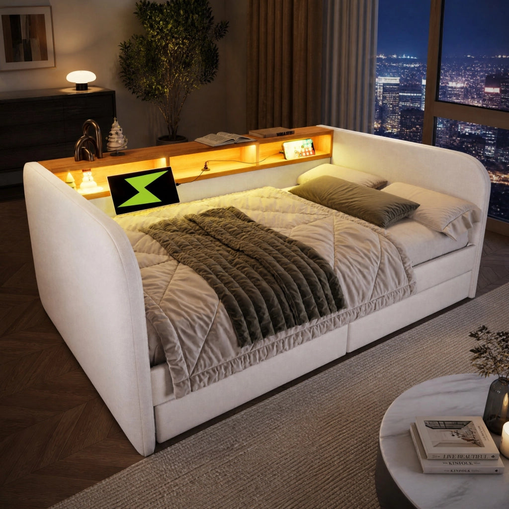 Letto matrimoniale 140x190 cm con LED; USB e Type-C; 2 cassetti; in lino beige chiaro