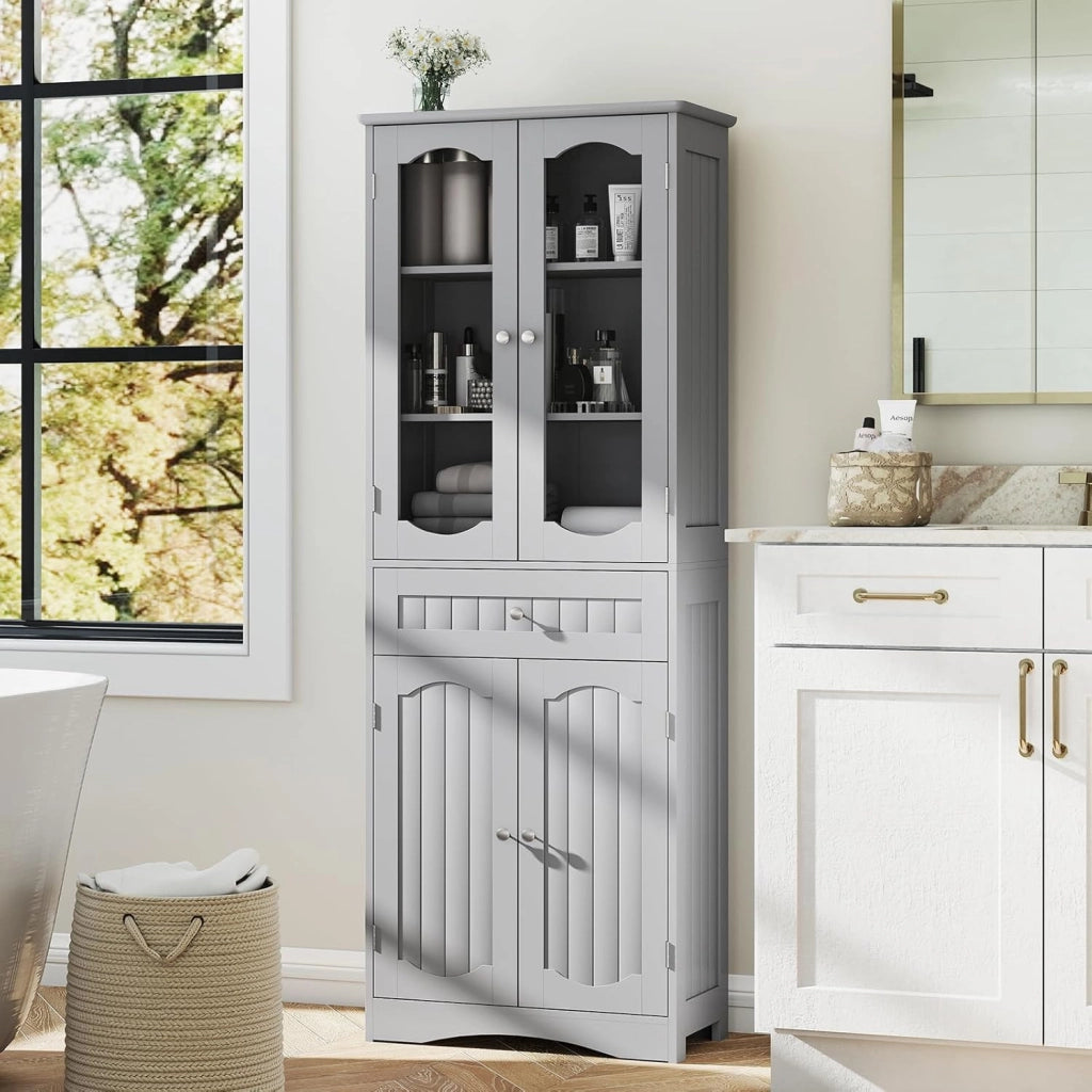 Mobile da Bagno a Terra, Armadietto da Bagno Alto, Mobiletto da Bagno Moderno, con 4 Ante in Vetro e 1 Cassetto, Ripiani Regolabili in Altezza, Ampio Spazio di Stoccaggio per Casa (Grigio)