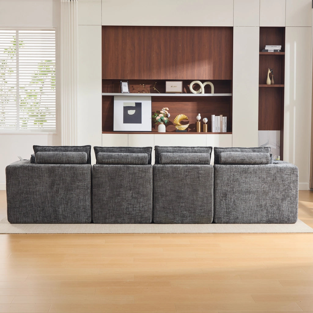 Divano modulare 4 posti con tasche laterali e cuscini in tessuto chenille grigio scuro per salotto 322 × 161 × 75 cm