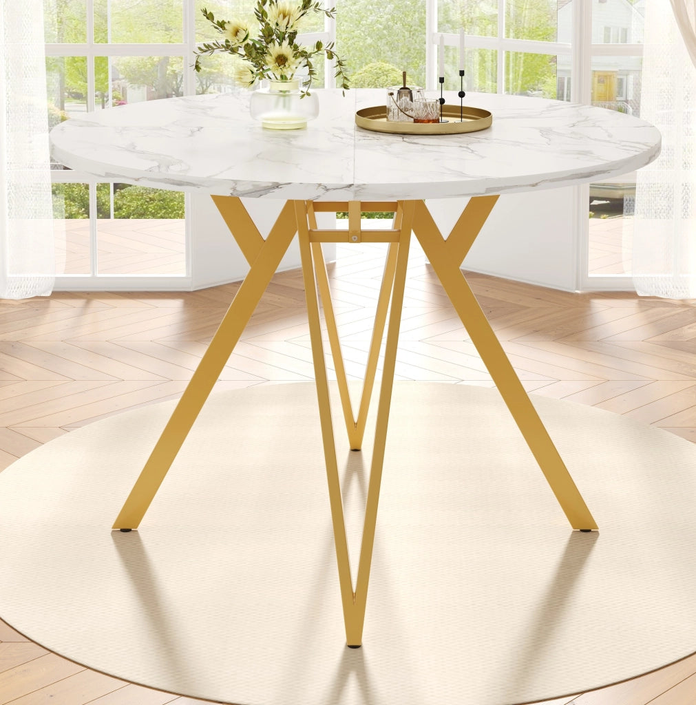 Tavolo da pranzo rotondo 100x100x76 cm con piano effetto marmo; piedini regolabili; MDF; oro