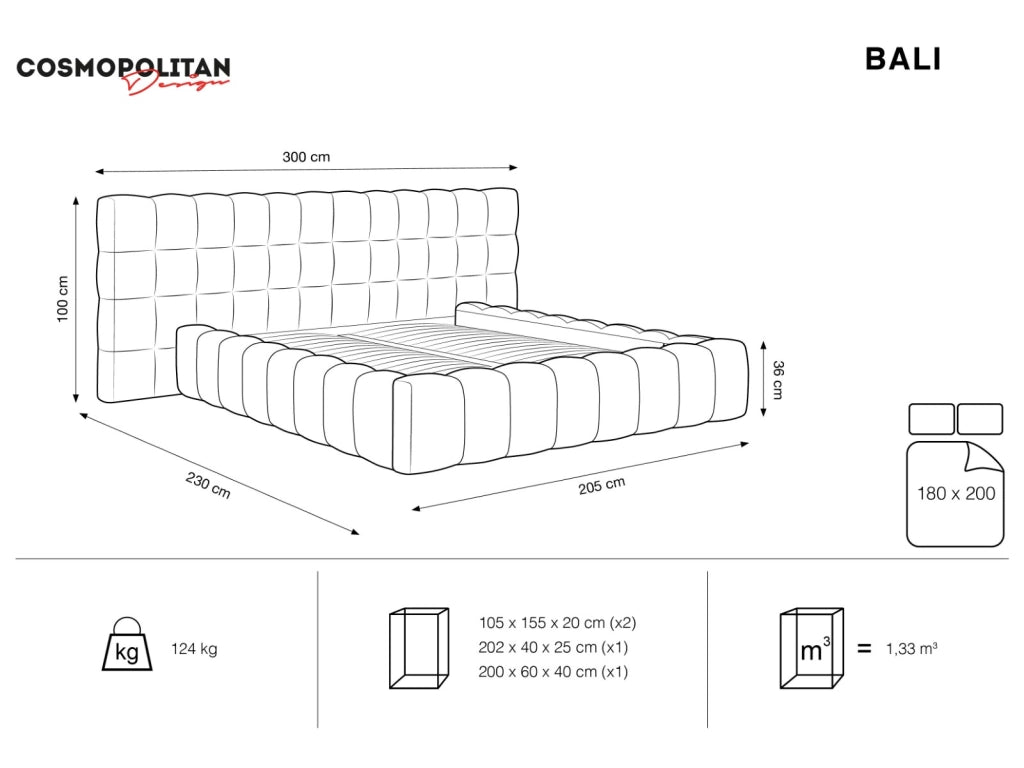 Cosmopolitan Design - Letto a cassettone con testiera doppia "Bali" 180x200cm in velluto nero 