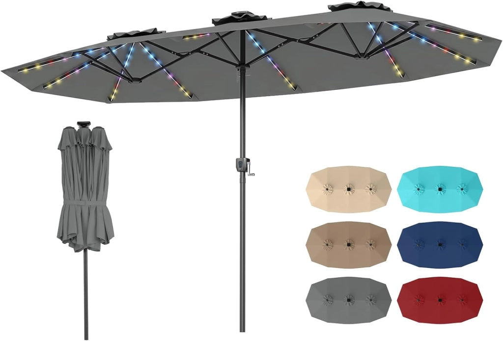 Ombrellone da Giardino Doppio 400 X 210 cm, con Luci LED Regolabile, Manovella, Pannello Solare, Anti-UV, 12 Stecche Metalliche, per Terrazza, Piscina e Cortile