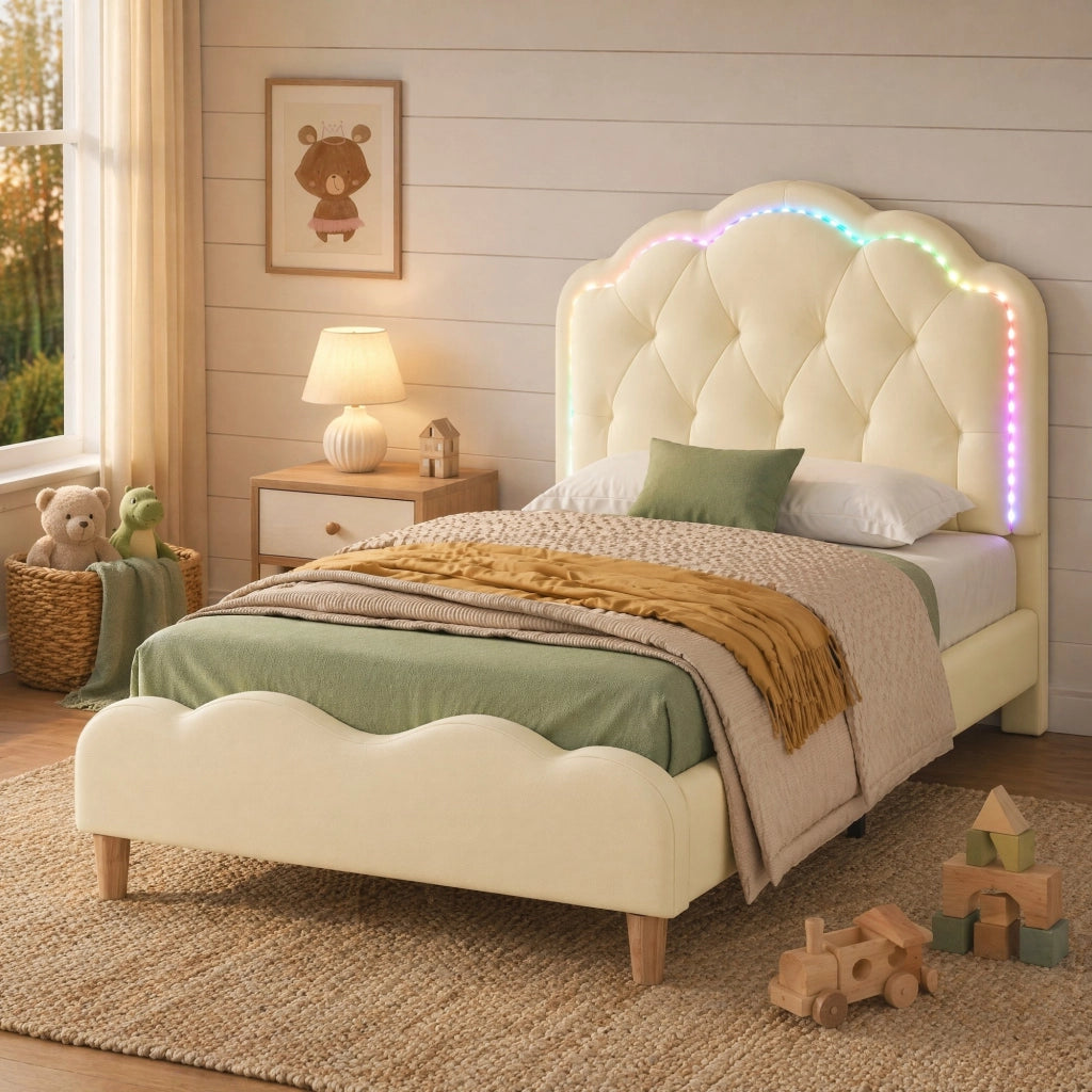 Letto singolo imbottito in PU beige con LED multicolore 90x200 cm
