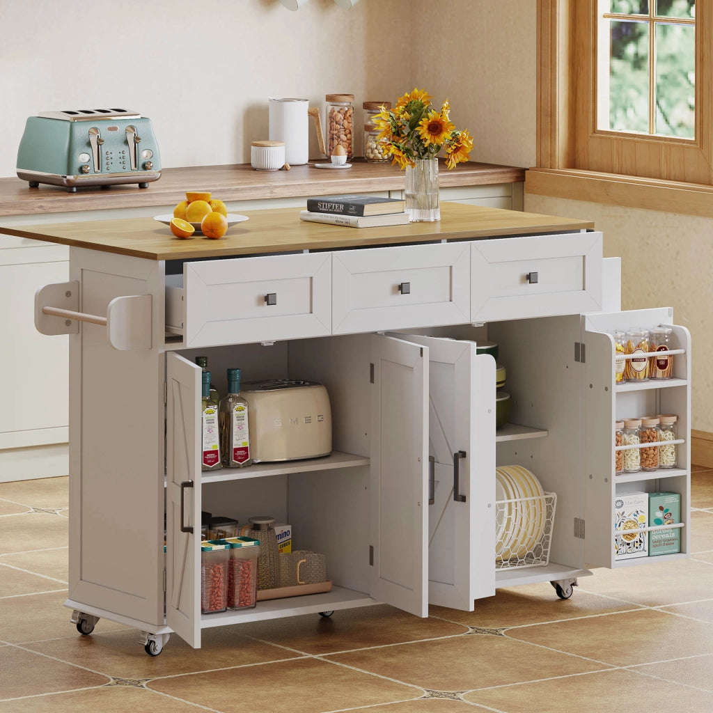 Carrello da Cucina con 4 Ante 3 Cassetti Piano Ribaltabile Portasciugamani e 5 Ruote con Freno; MDF; Bianco Naturale