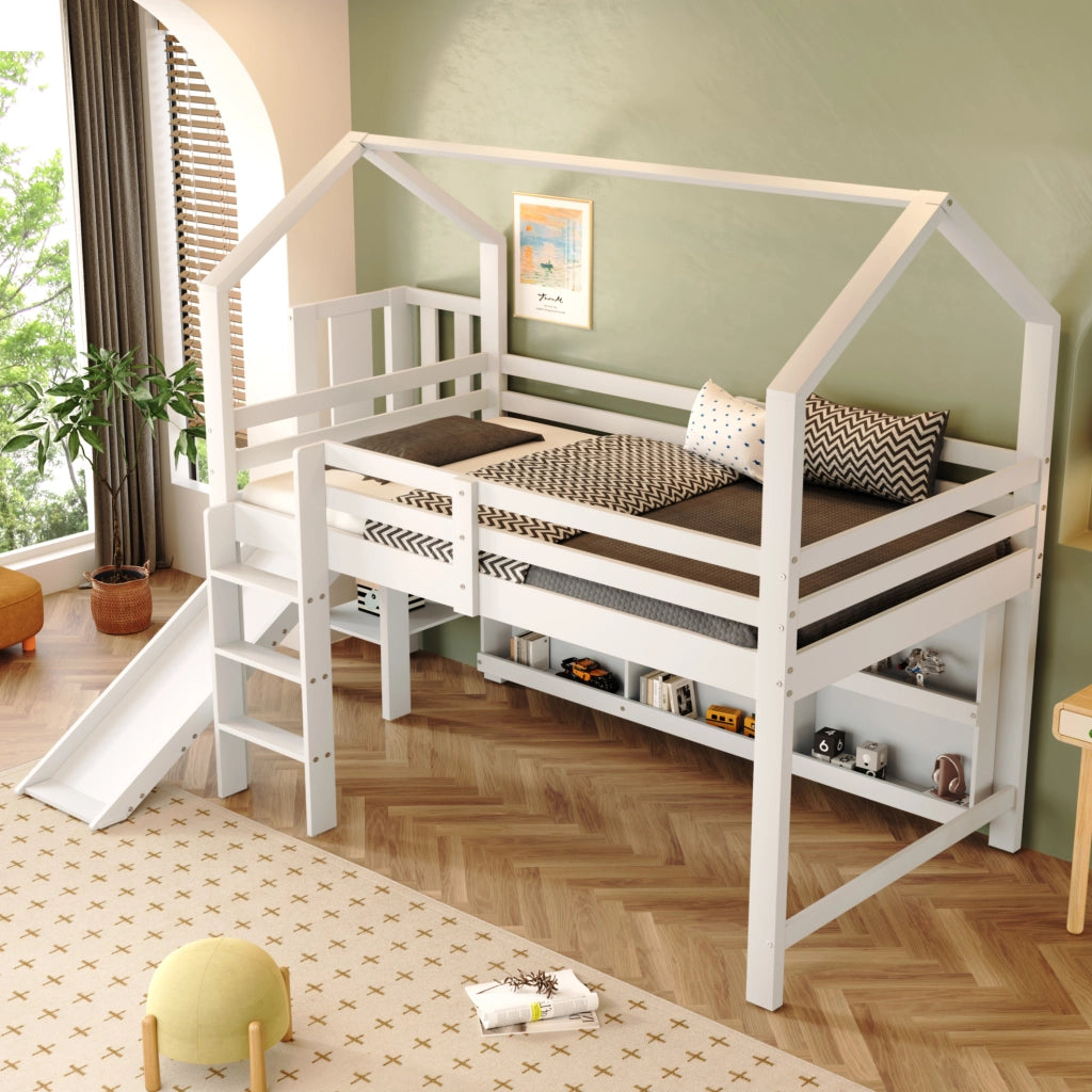 Letto singolo per bambini 90x200 cm con scivolo; scale; armadietti e scaffale in legno e MDF; bianco