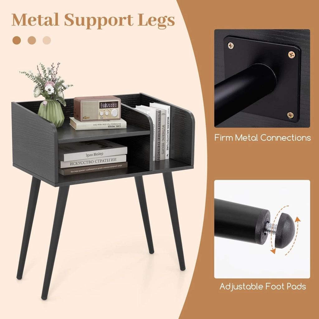 Set di 2 comodini, comodino con 3 scomparti aperti, tavolino in legno con 4 gambe di supporto in metallo, comodino per soggiorno, camera da letto, 50 x 32 x 58 cm (antracite)