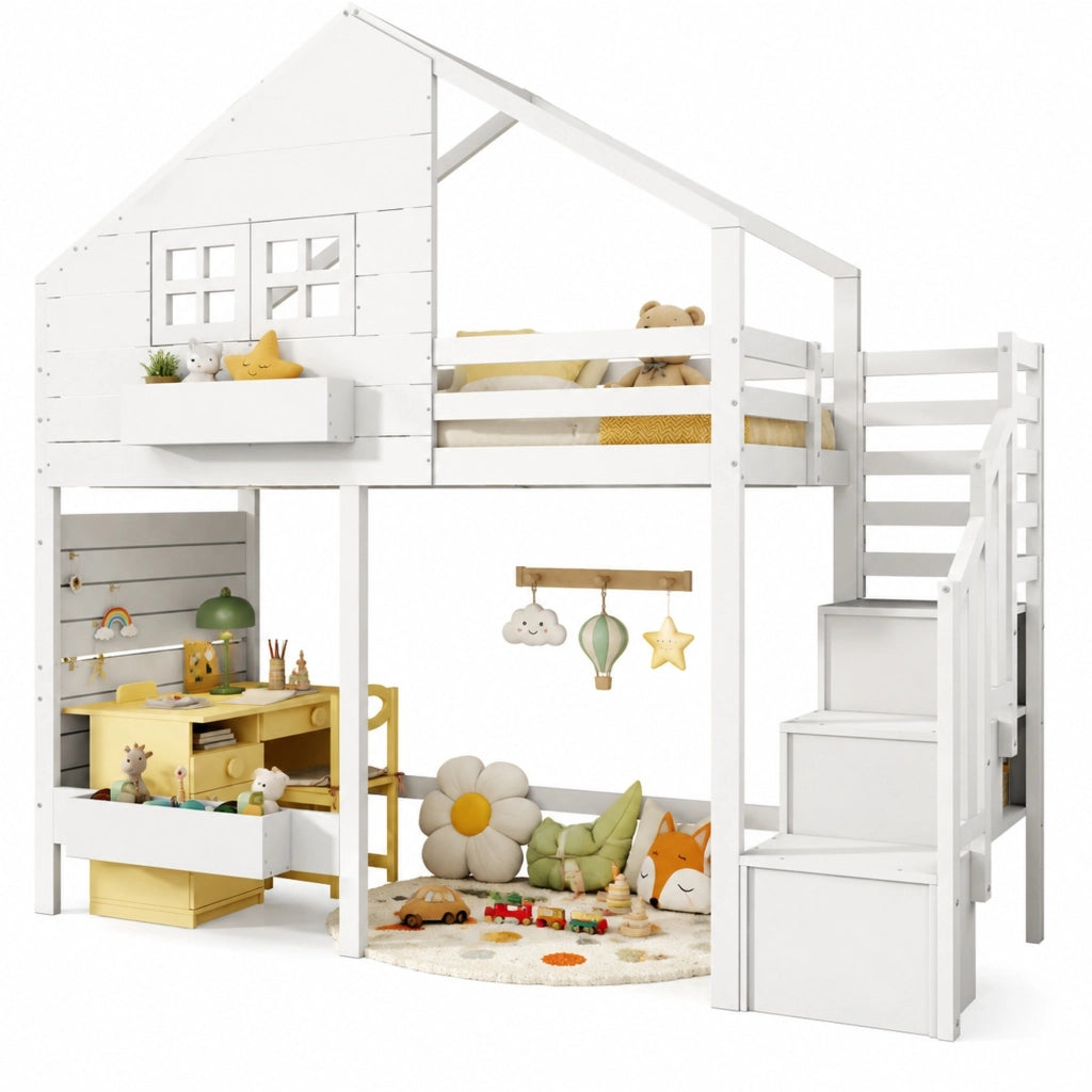 Letto a castello per bambini 90x200 cm in legno di pino massiccio, con finestra, scala contenitore e vani portaoggetti, bianco