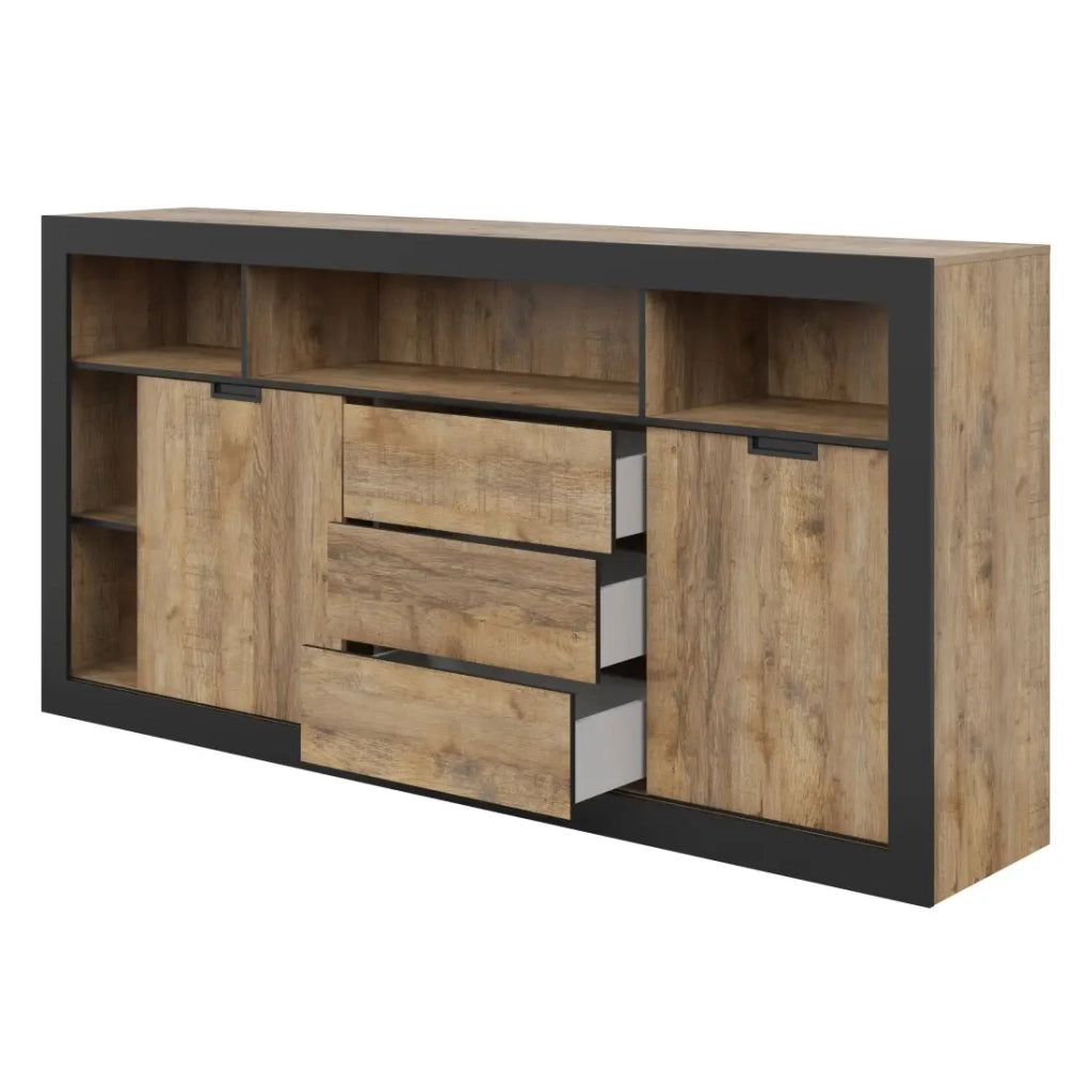 Buffet alto XL MEUNIER – 2 porte scorrevoli, 3 cassetti & 6 nicchie – Rovere Samdal & nero opaco