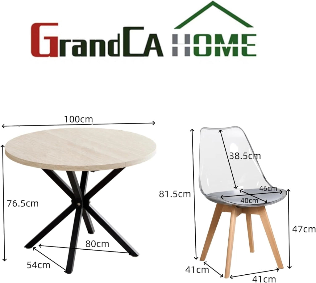 GrandCA HOME Tavolo da Pranzo con 4 Sedie, Tavolo da Pranzo Rotondo da 100 CM, Sedia da Cucina Imbottita Trasparente, Set Tavolo da Pranzo e Sedie (Travertino Giallo + Grigio)