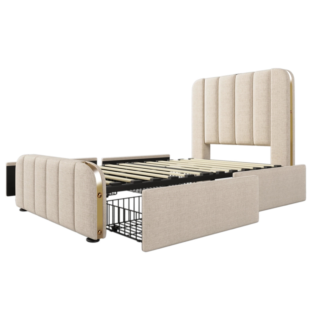 Letto imbottito singolo 90x200 cm in lino beige con 4 cassetti; USB e Type-C