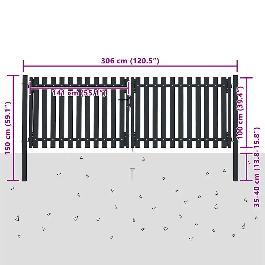 Cancello per Recinzione a doppia Porta in Acciaio 300x100 cm Antracite 146351